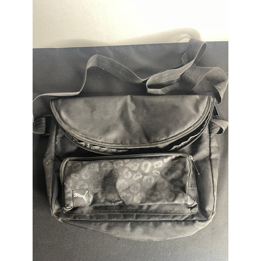 Puma Messenger Bag Black Canvas Leopard Print Accent Crossbody‎ Adjustable Strap